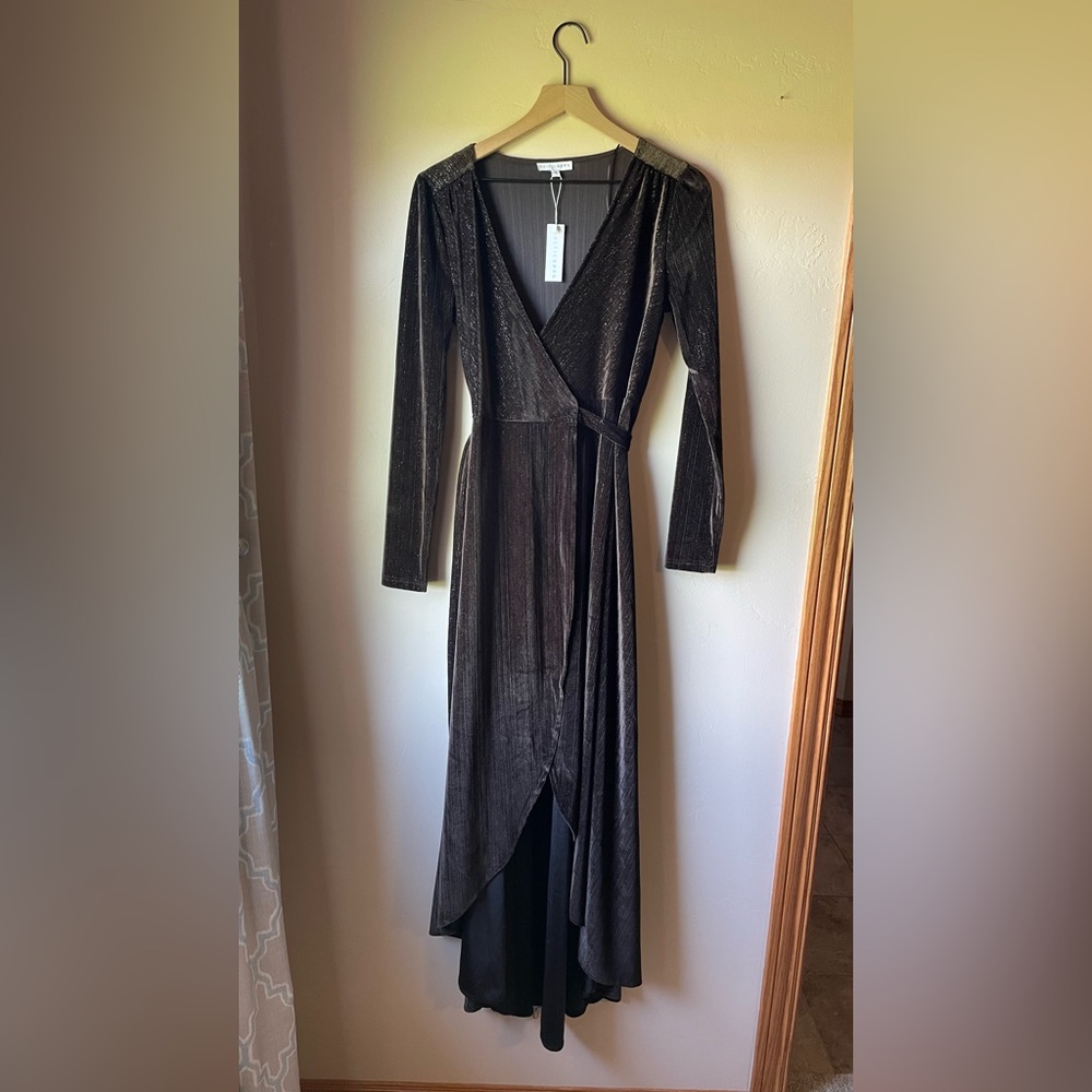 Baltic Born Wrap Maxi Dress size Small High Low Velvet Brown Metallic